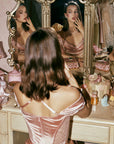 Back view of Lacemade pink satin corset dress with adjustable straps