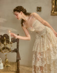 White tiered maxi skirt with sheer lace layers - "Waltz In The Moonlight"