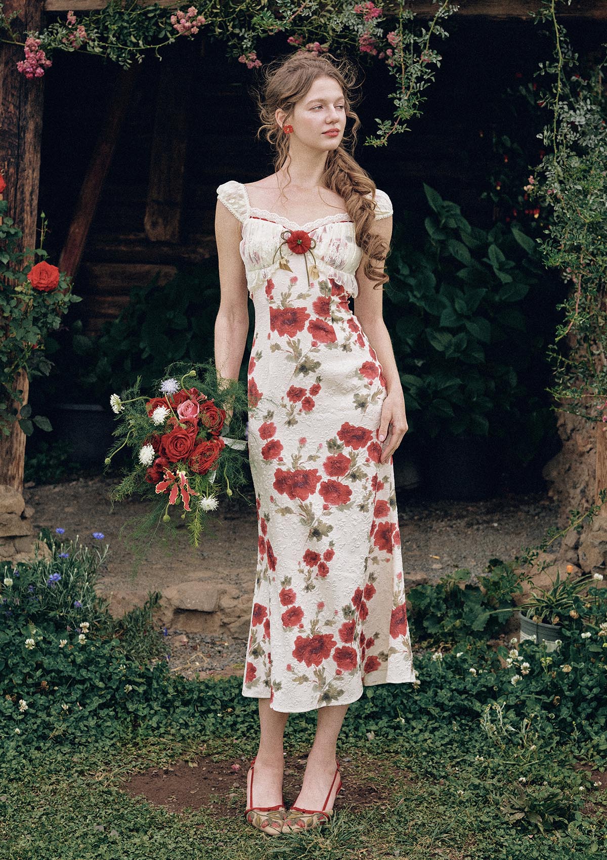 red white floral dress Rosevale A - Jacquard Maxi Dress campaign_nyc-edit White High Low Prom appropriate. Color:GOLDMULT