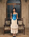 Front view of Sapphire blue satin corset with vintage lace trim
