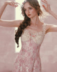 "Floral Vine Fairy Shoes" pink floral lace dress featuring a lace-printed outer layer