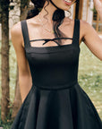 Beyond Campus Black Dress(Short) - square neck and flared A-line skirt details