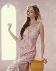 Lace-printed pink floral midi dress with ribbon trim - "Floral Vine Fairy Shoes"