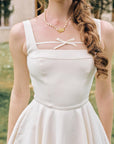 Beyond Campus White Dress(Short) - square neckline and delicate ribbon bow detail