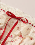 Lacemade "Red Garnet" dress neckline - coquette red bow and ruffle lace trim