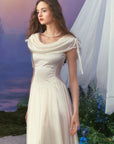 Lacemade flowing white satin dress for graduation or garden party