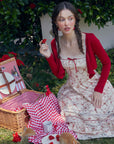 Lacemade cottagecore picnic aesthetic - red garnet floral dress with red cardigan