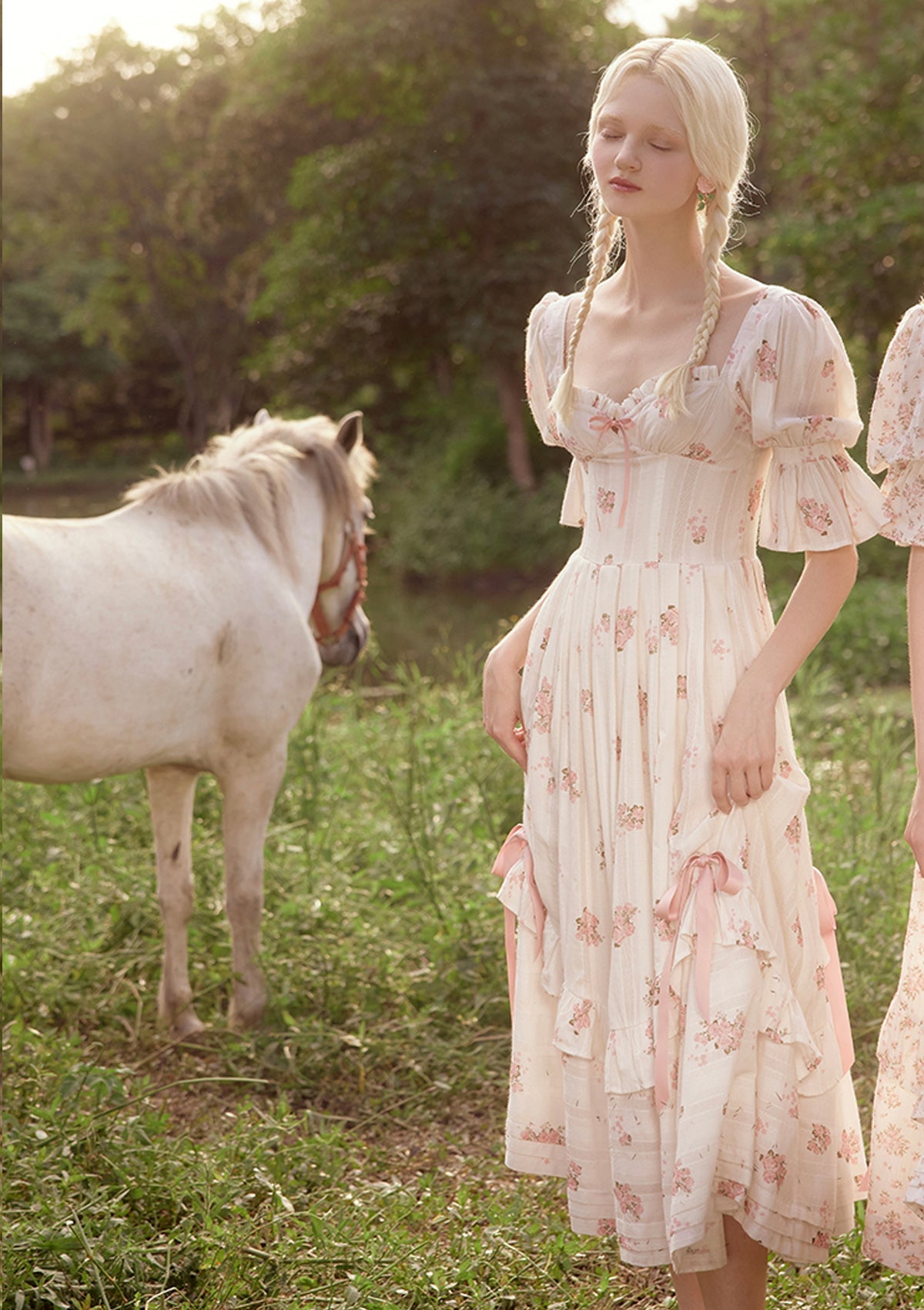 French Style Rose Corset Midi Dress in White