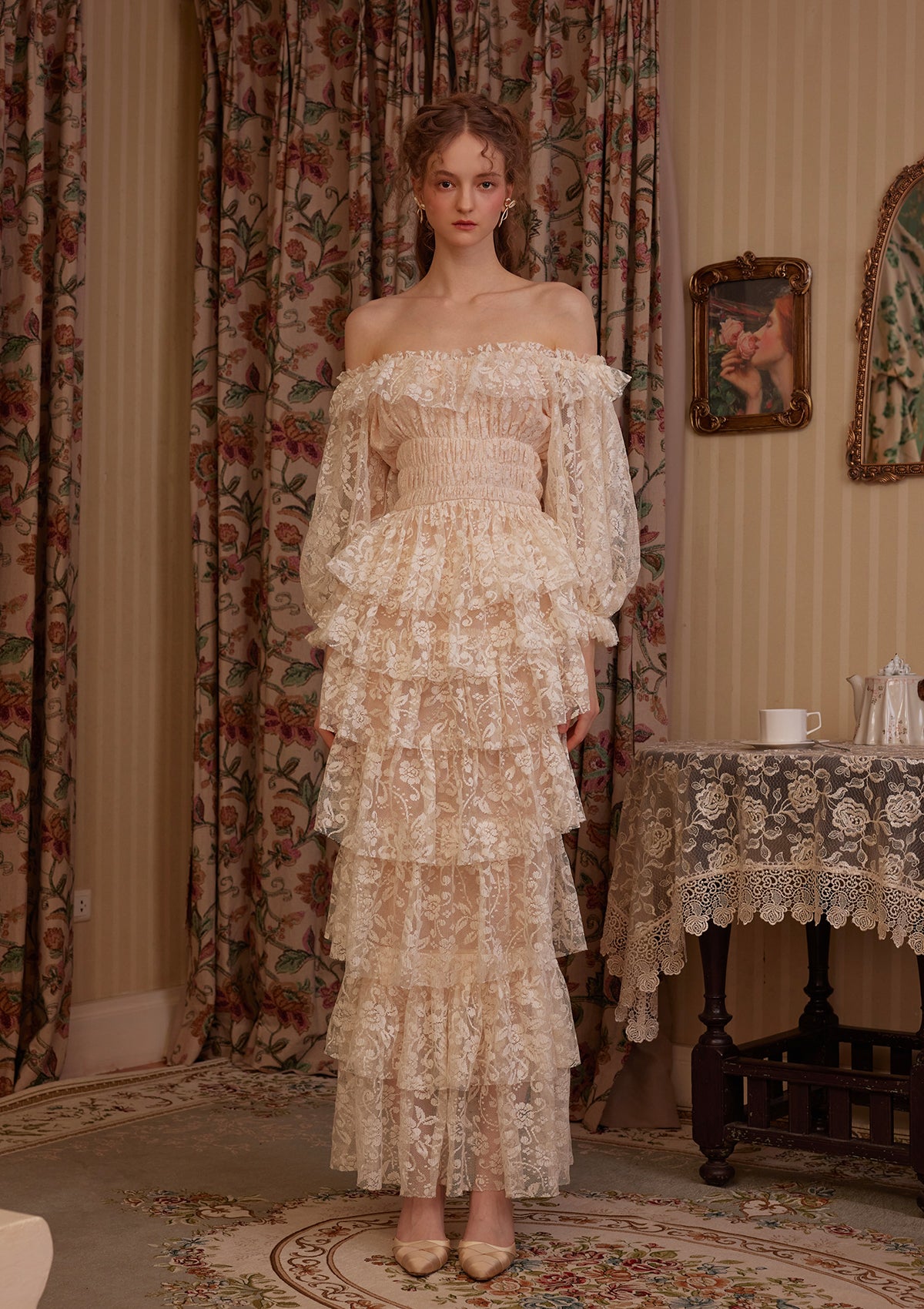 umber embroidered lace dress Guipure Lace Dress with Bell Sleeves and Handkerchief Hem main image 1