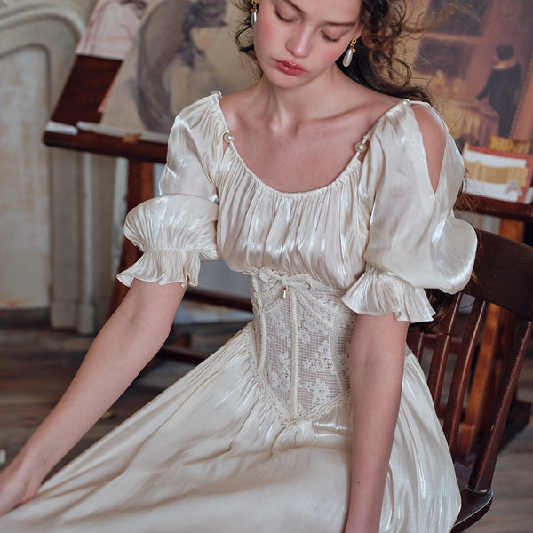 long cocotte dress in ivory silk crepe satin VIVIENNE WESTWOOD Nova Cocotte off-the-shoulder draped silk-crepe gown