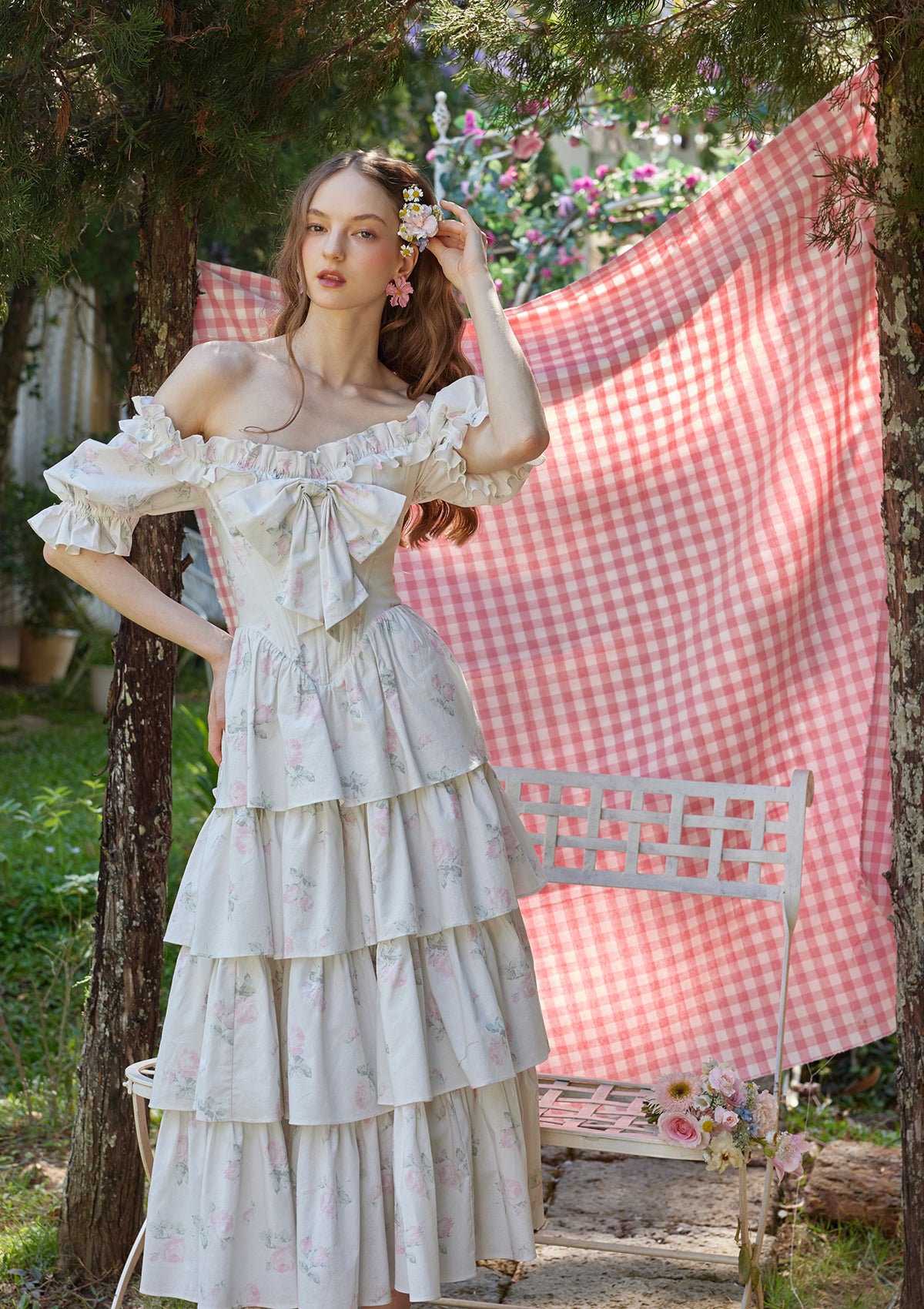 Ivory and pink floral corset dress for cottagecore picnics - "Bloom in Coral Island"