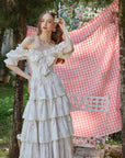 Ivory and pink floral corset dress for cottagecore picnics - "Bloom in Coral Island"