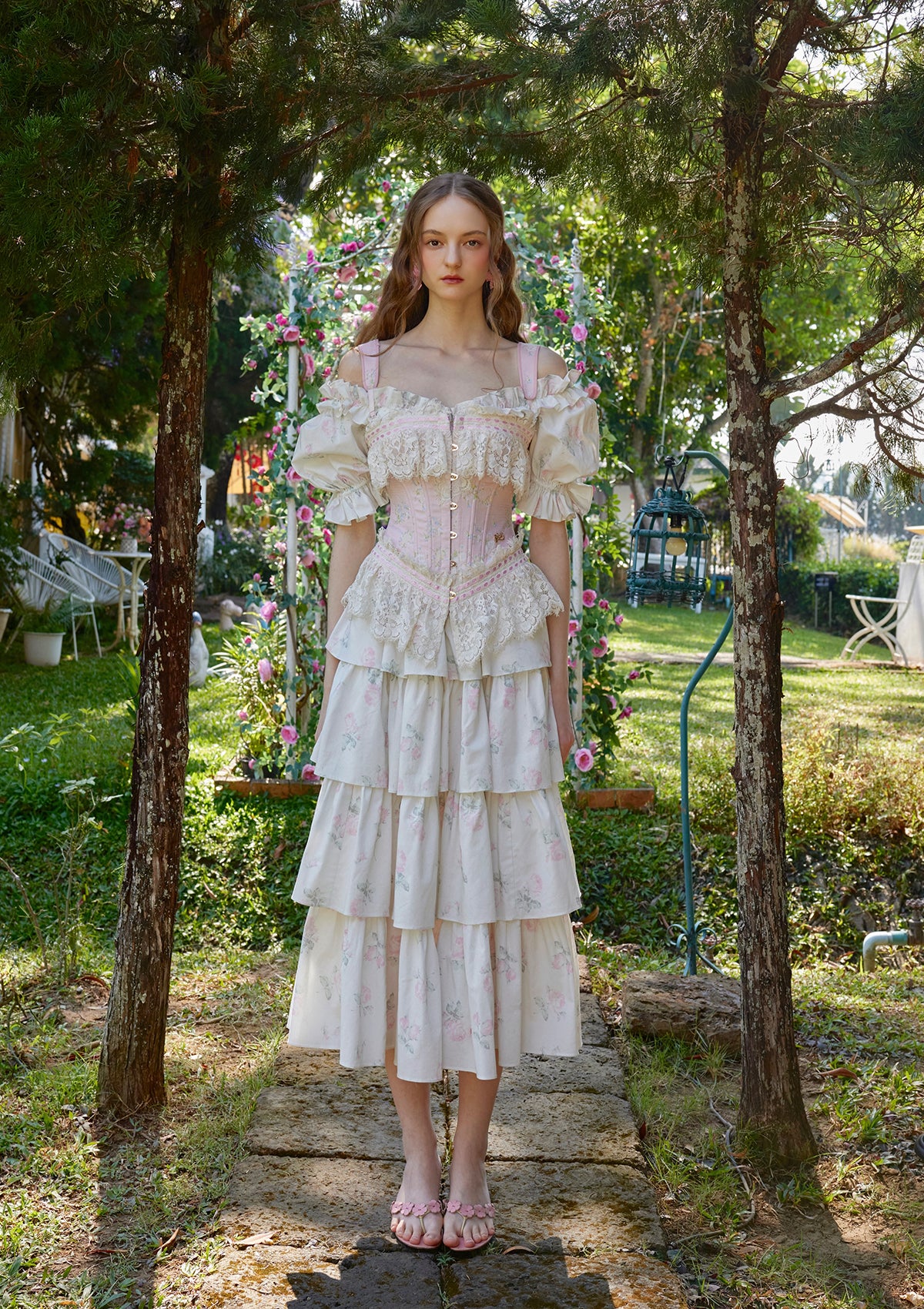 Lacemade "Bloom in Coral Island" - Tiered ruffle skirt floral cotton dress