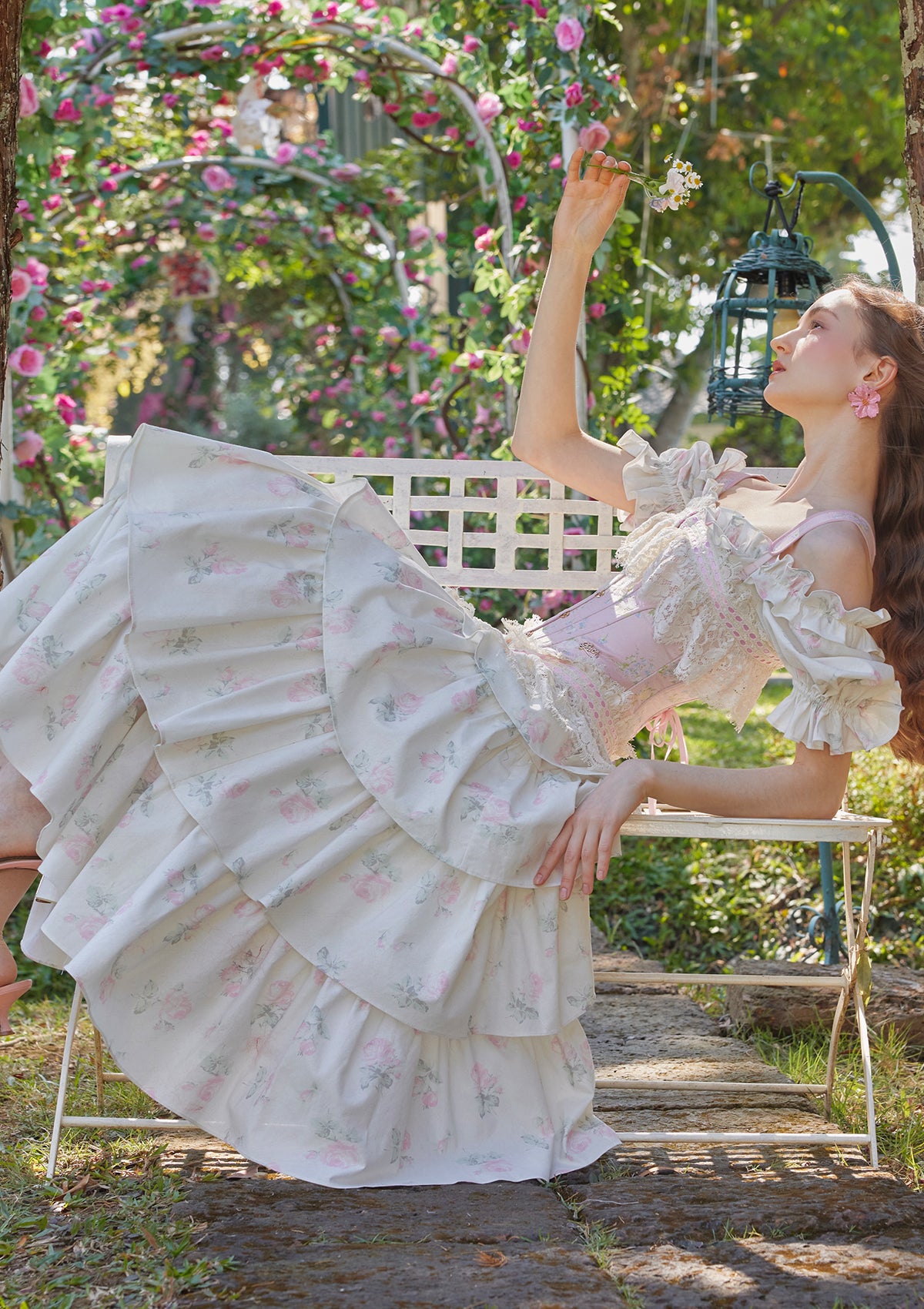 Floral cotton midi dress with pink fishbone and tiered skirt - "Bloom in Coral Island"