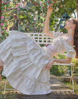 Floral cotton midi dress with pink fishbone and tiered skirt - "Bloom in Coral Island"