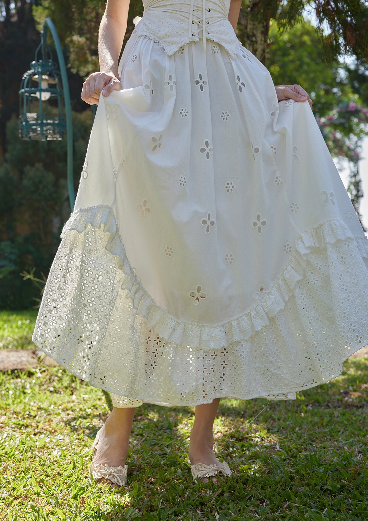 Lacemade tiered eyelet embroidered skirt detail - cottagecore ruffled hemline