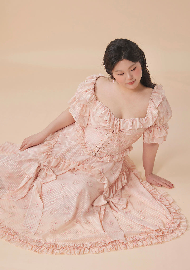 peach corset dress Clothing: Midi Dresses: 'Clarabelle' Peach Cotton Detachable Corset Midi Dress
