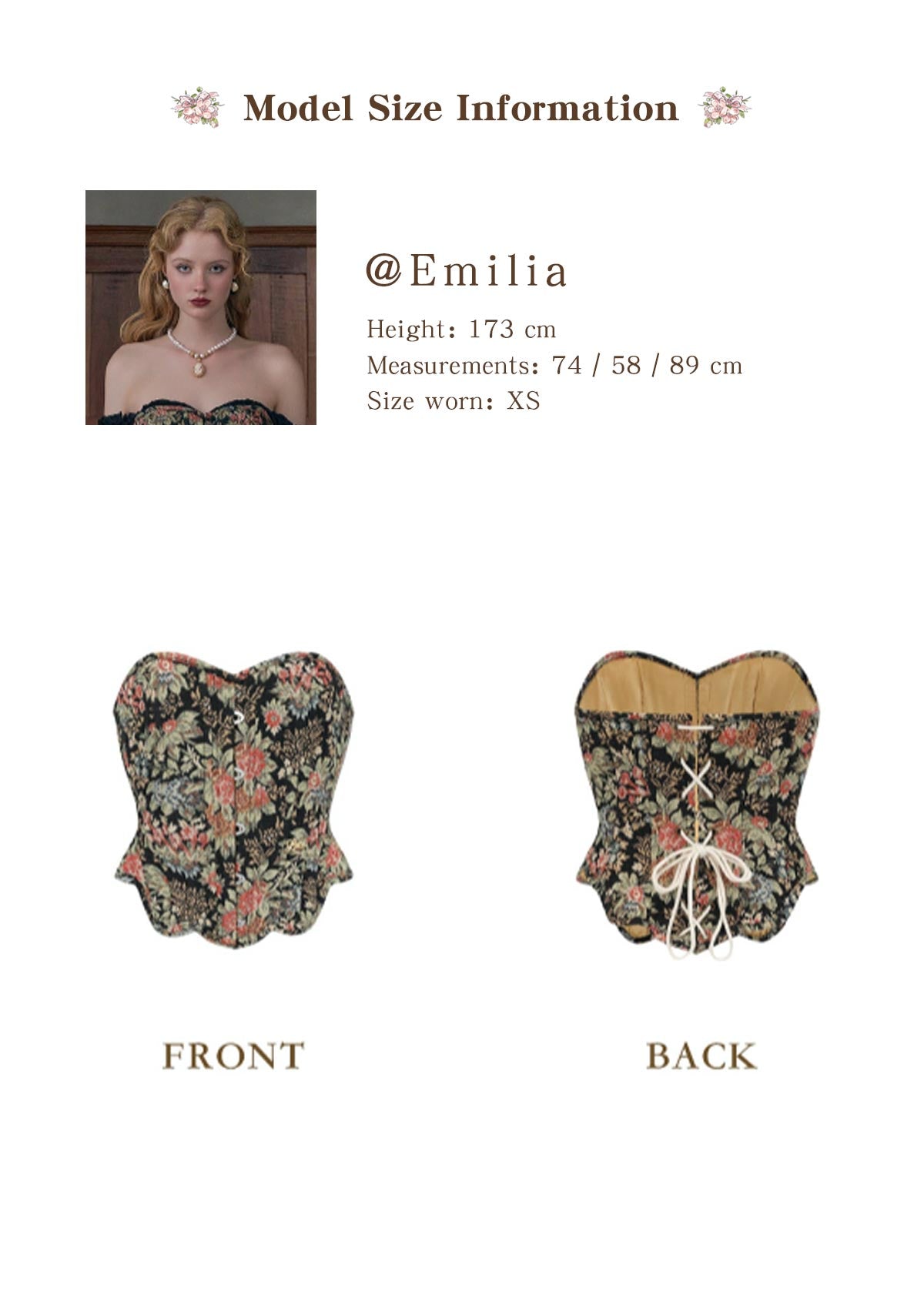 Front and Back view of "Flower & Mirror" black floral corset with overbust silhouette
