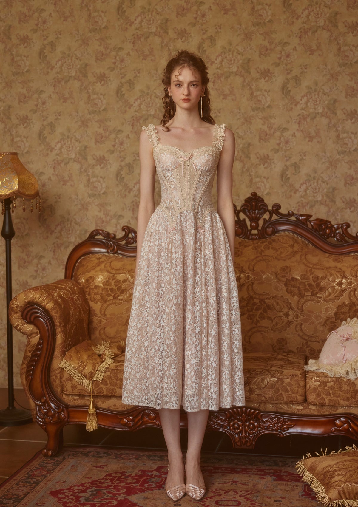 Lacemade Corset Lace Dress - Shimmering Gold Threaded Evening Look