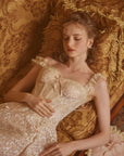 Lacemade Gold-Threaded Lace Corset Dress with Handcrafted Bows