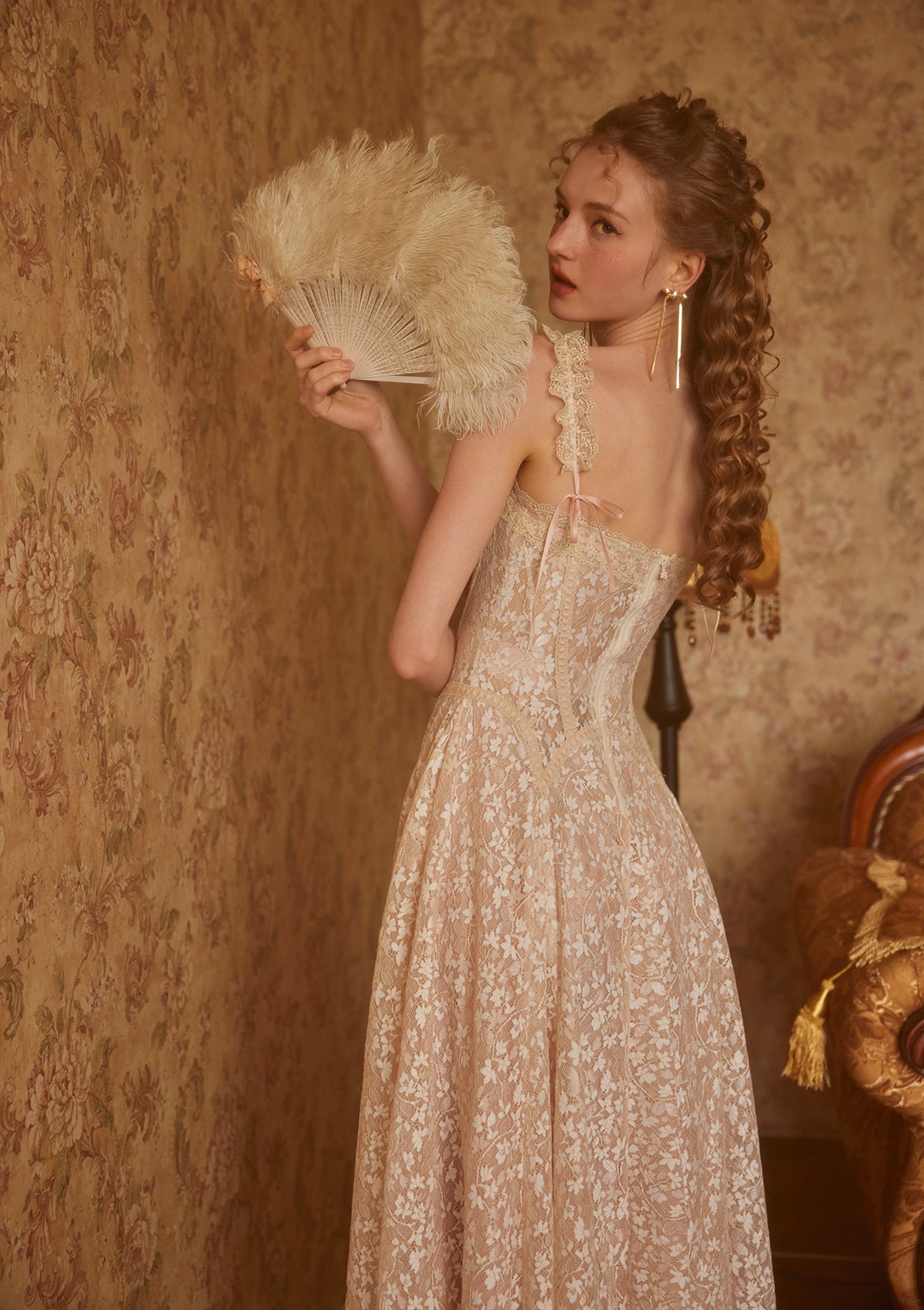 The Glass Candy Gold Lace Midi Dress for Wedding Guest or Prom