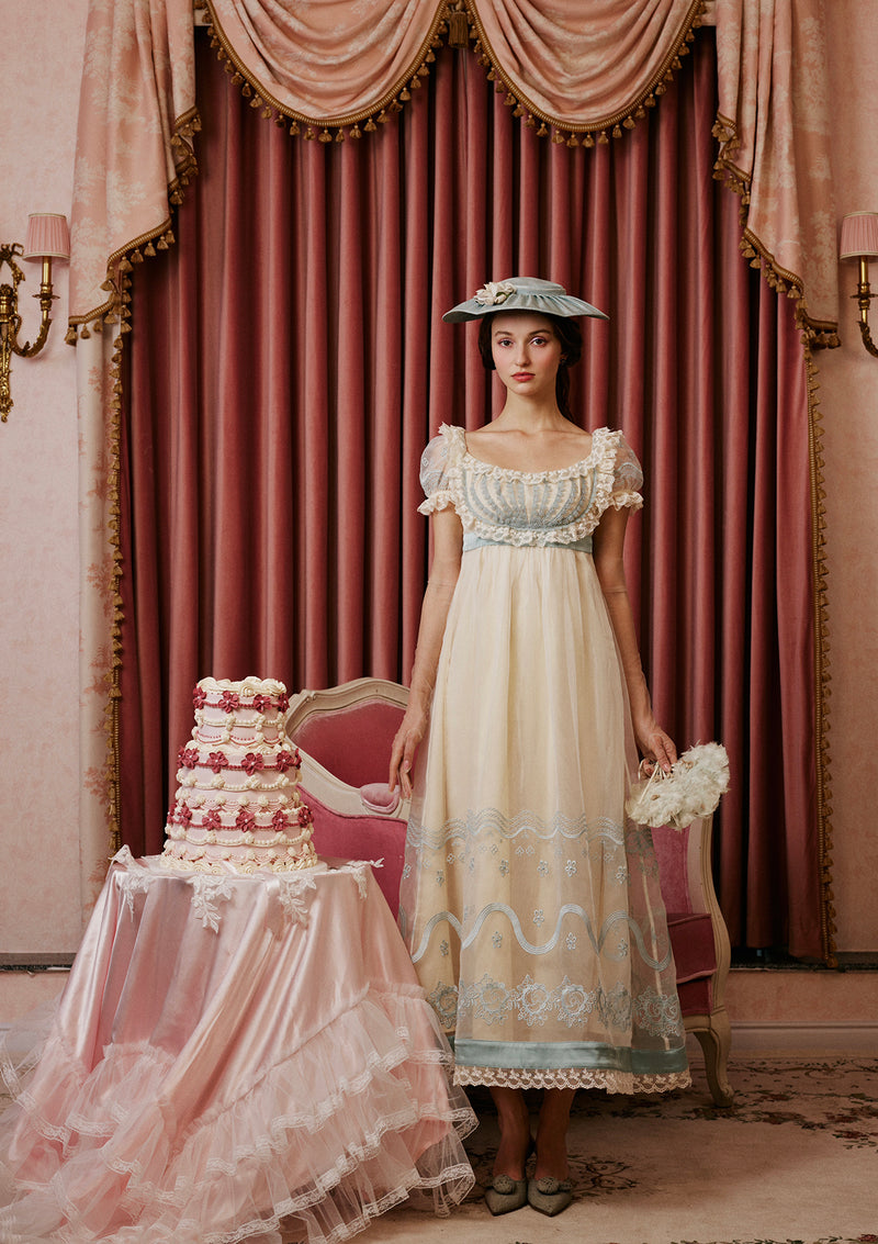 pink regency dress Dusty Pink Regency Era Dress with Pink Floral Lace Overlay
