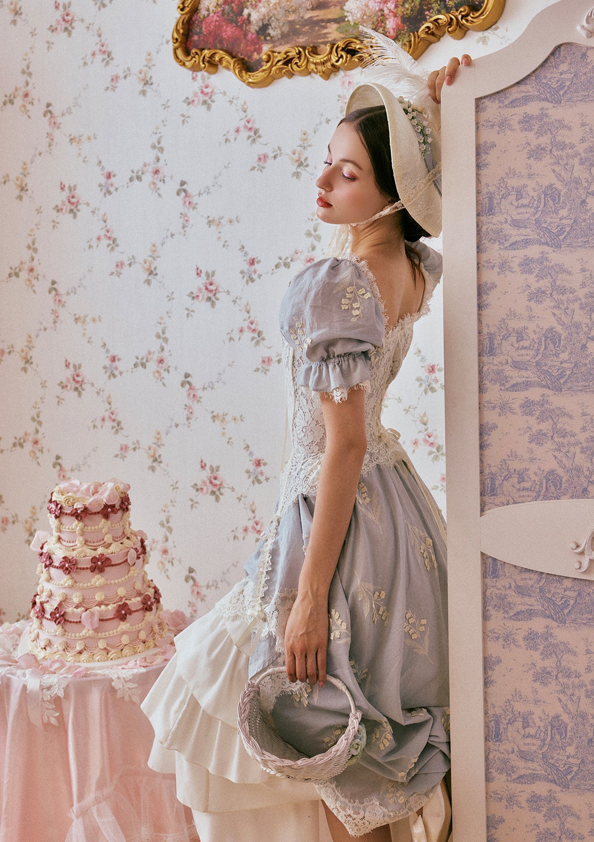 Lacemade Blue Ruffle Hem Dress with Delicate Lace Embellishments
