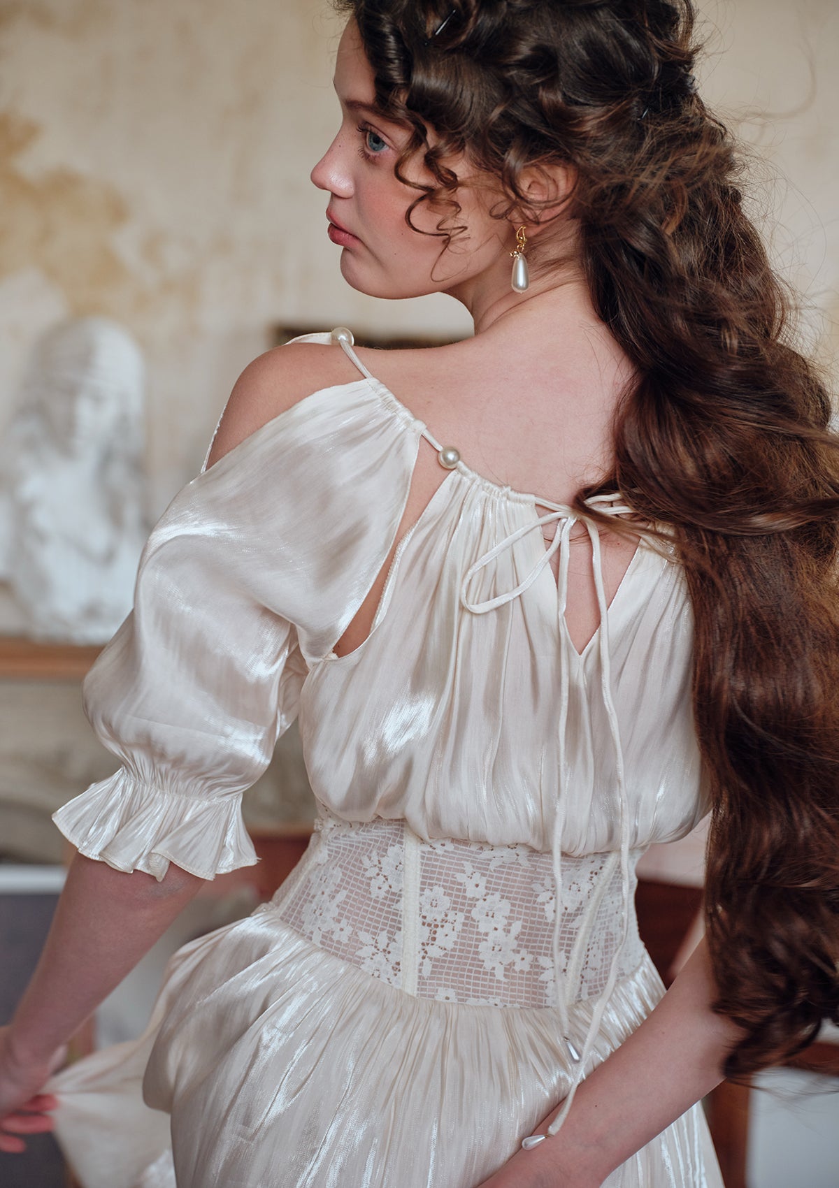 Lacemade white satin close-up - Pearl neckline and drawstring