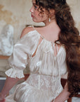 Lacemade white satin close-up - Pearl neckline and drawstring