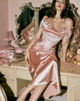 Pink satin off the shoulder dress for proms and bridal showers - Lacemade