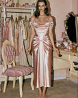 Lacemade "Muse Baroque" Pink Satin Off the Shoulder Corset Dress