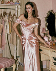 Front view of "Muse Baroque" pink satin mermaid dress with pearl beaded draping