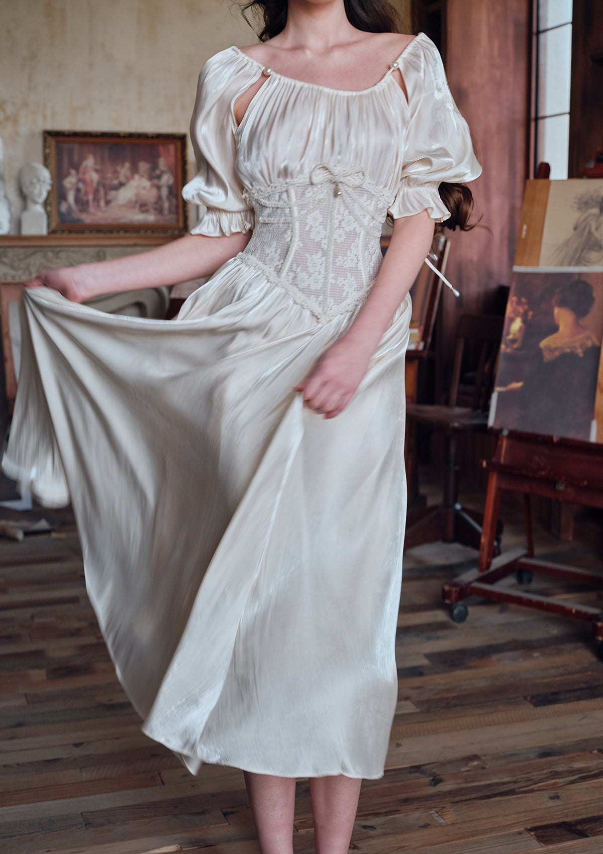 Lacemade white midi dress - Voluminous skirt for tea parties