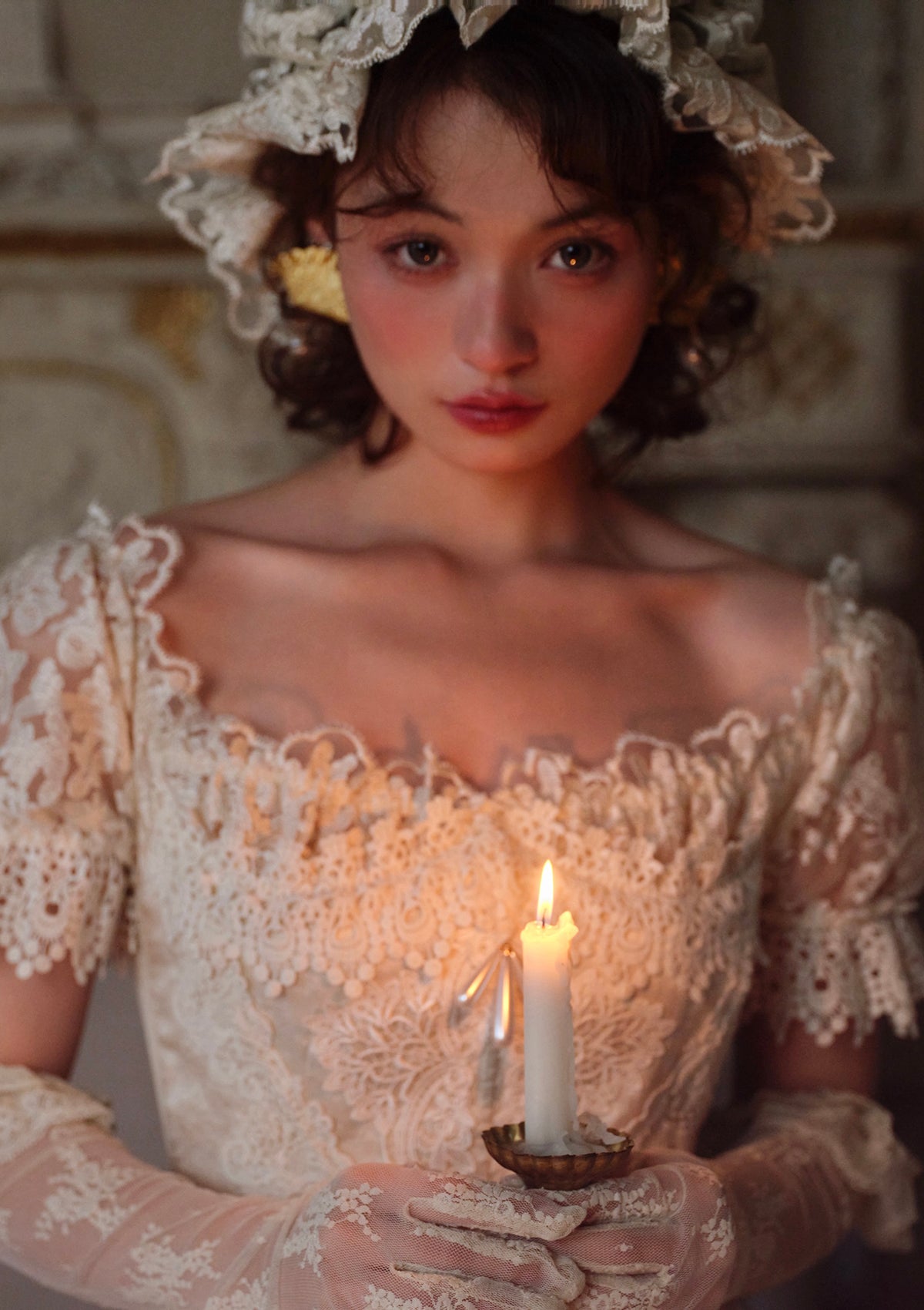 Detailed View of Cream Jacquard Fabric - "Tear of Blossom and Candle" Dress