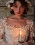 Detailed View of Cream Jacquard Fabric - "Tear of Blossom and Candle" Dress