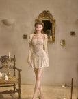 Lacemade corset tiered dress in white sheer lace for engagement photos