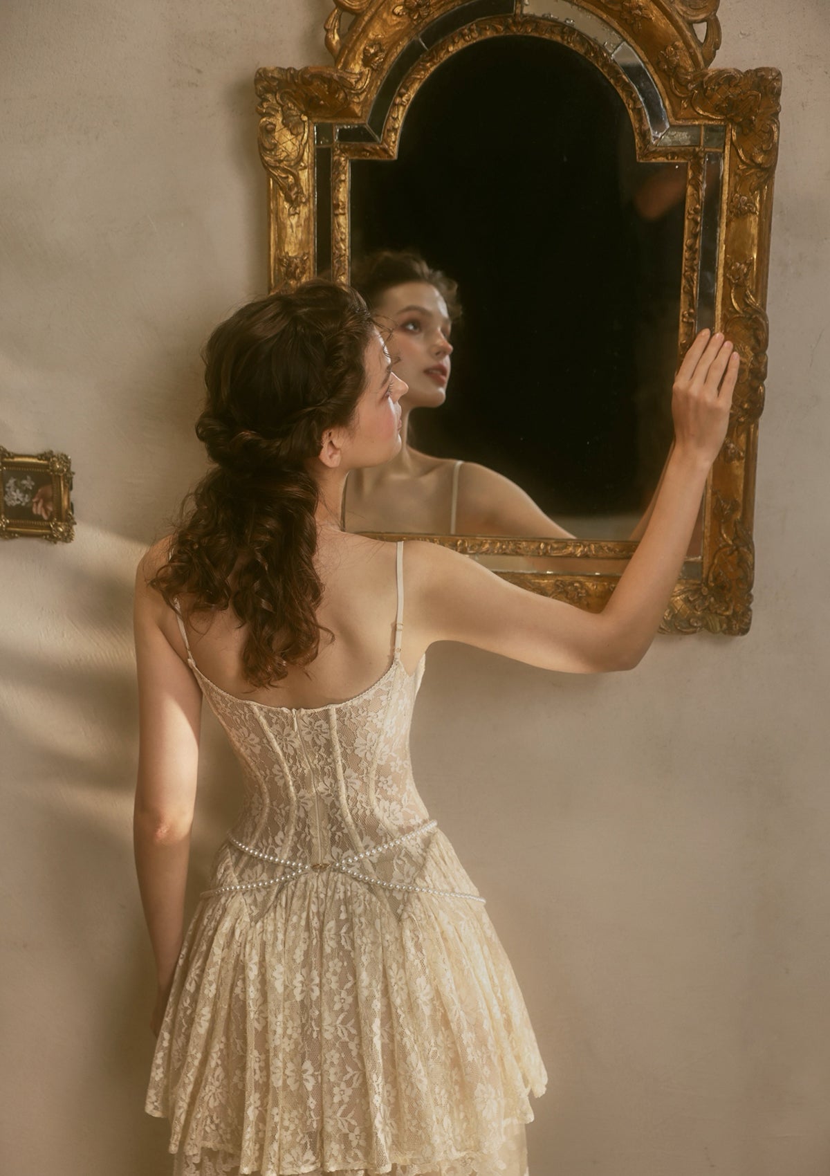 Back view of Lacemade Waltz In The Moonlight tiered lace corset dress