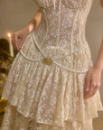Close-up of translucent lace and tiered skirt on "Waltz In The Moonlight" dress