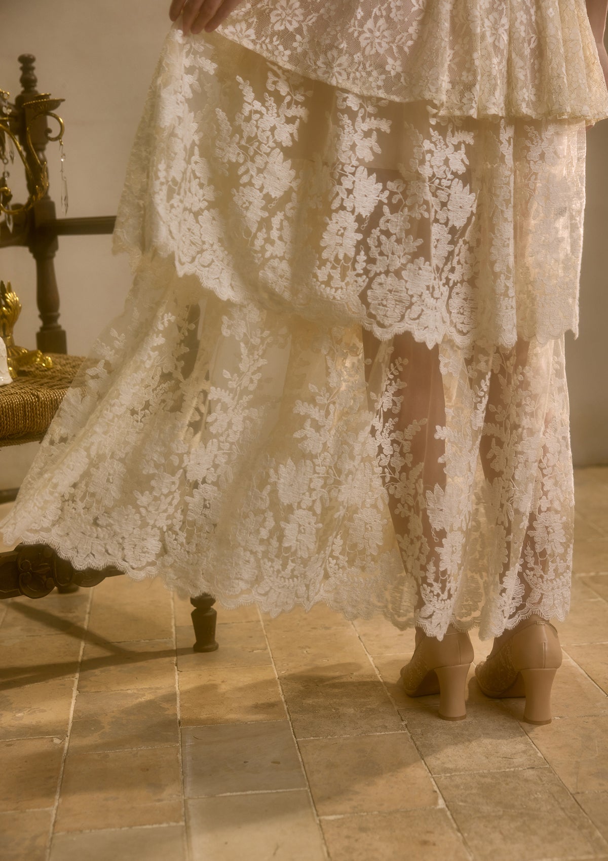 Close-up of translucent lace and tiered layers on "Waltz In The Moonlight" skirt