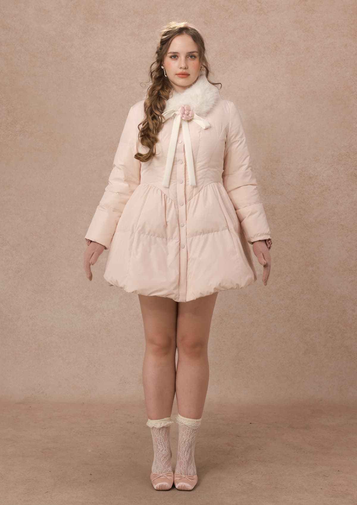 Curve&amp;Plus Powder Snow Rose Puffy Down Jacket  (pink)