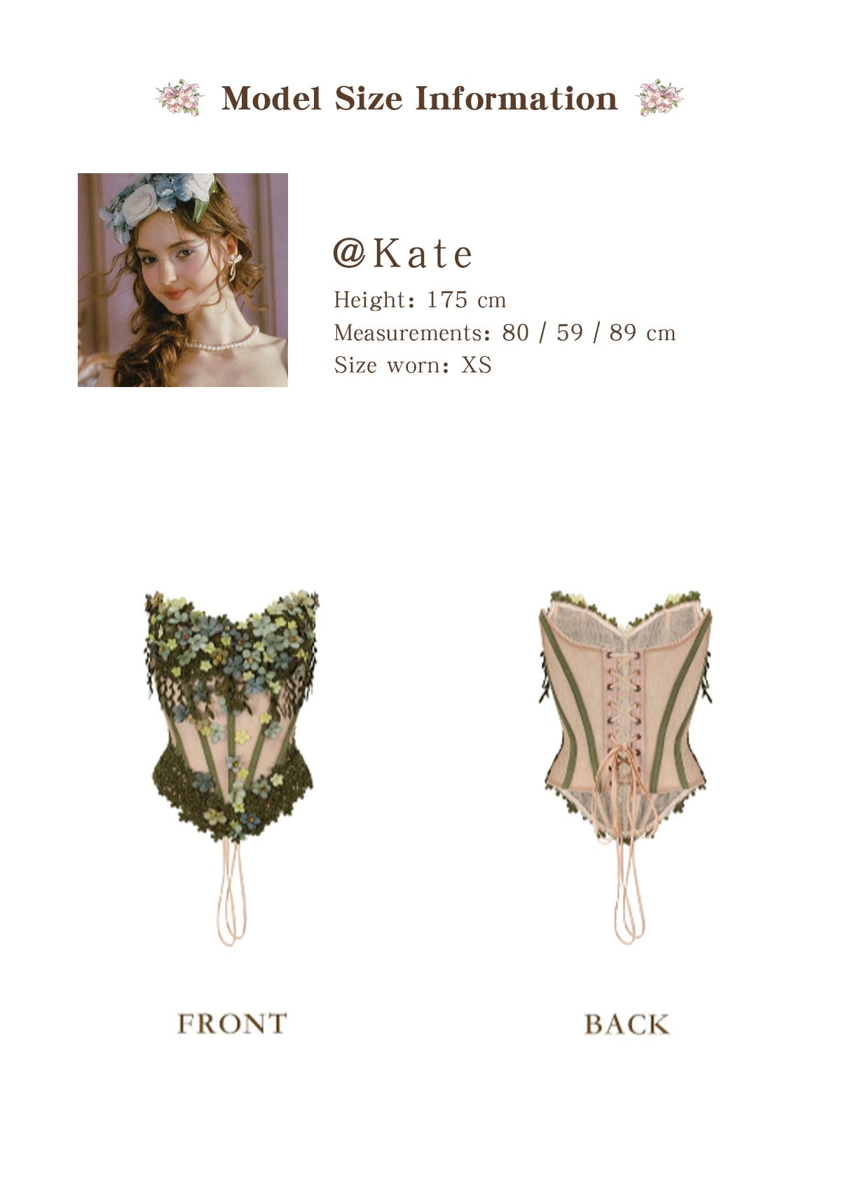 Lacemade "Eucalyptus Fairy" Corset - Front and Back View with Model Info