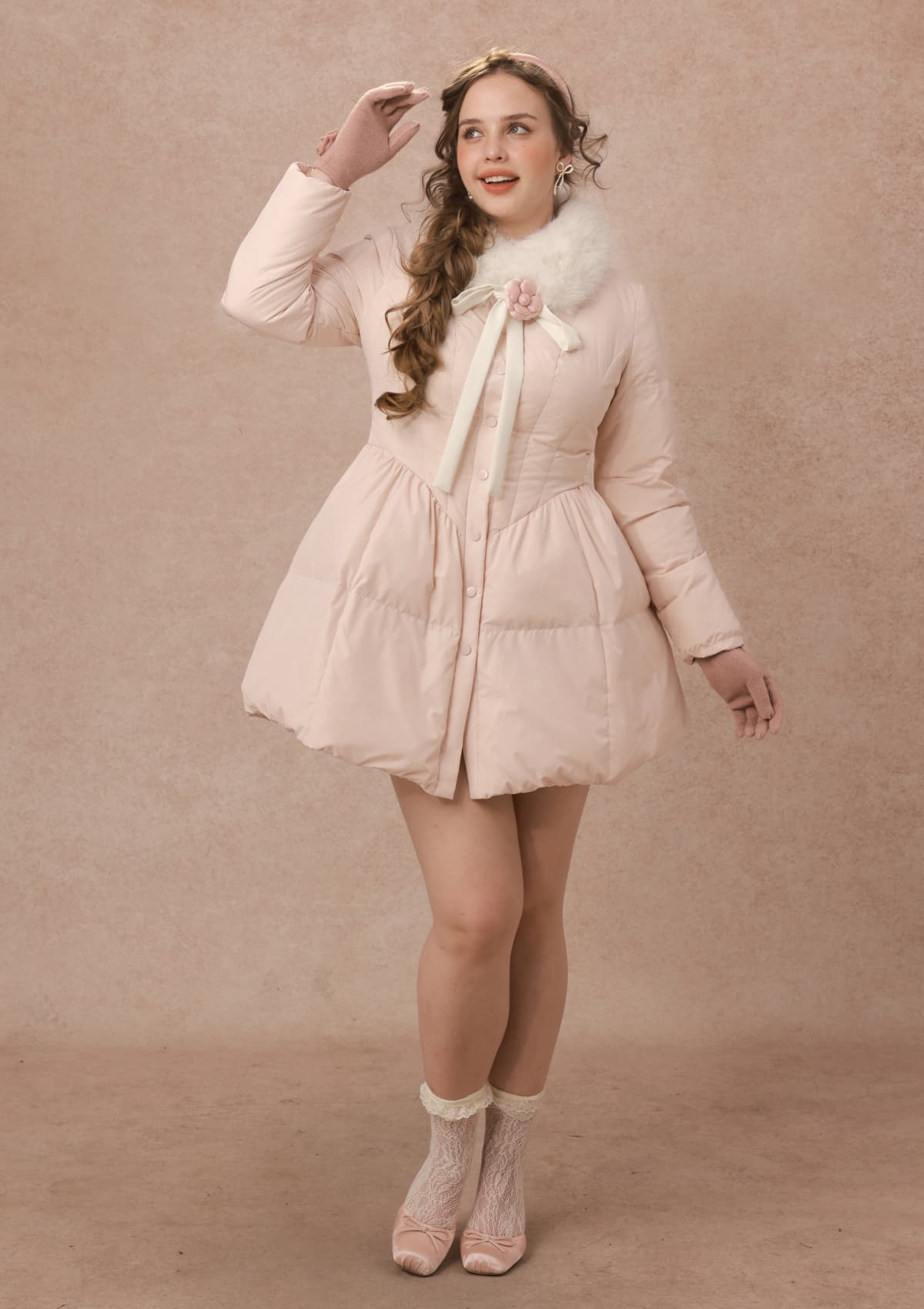 Curve&amp;Plus Powder Snow Rose Puffy Down Jacket  (pink)