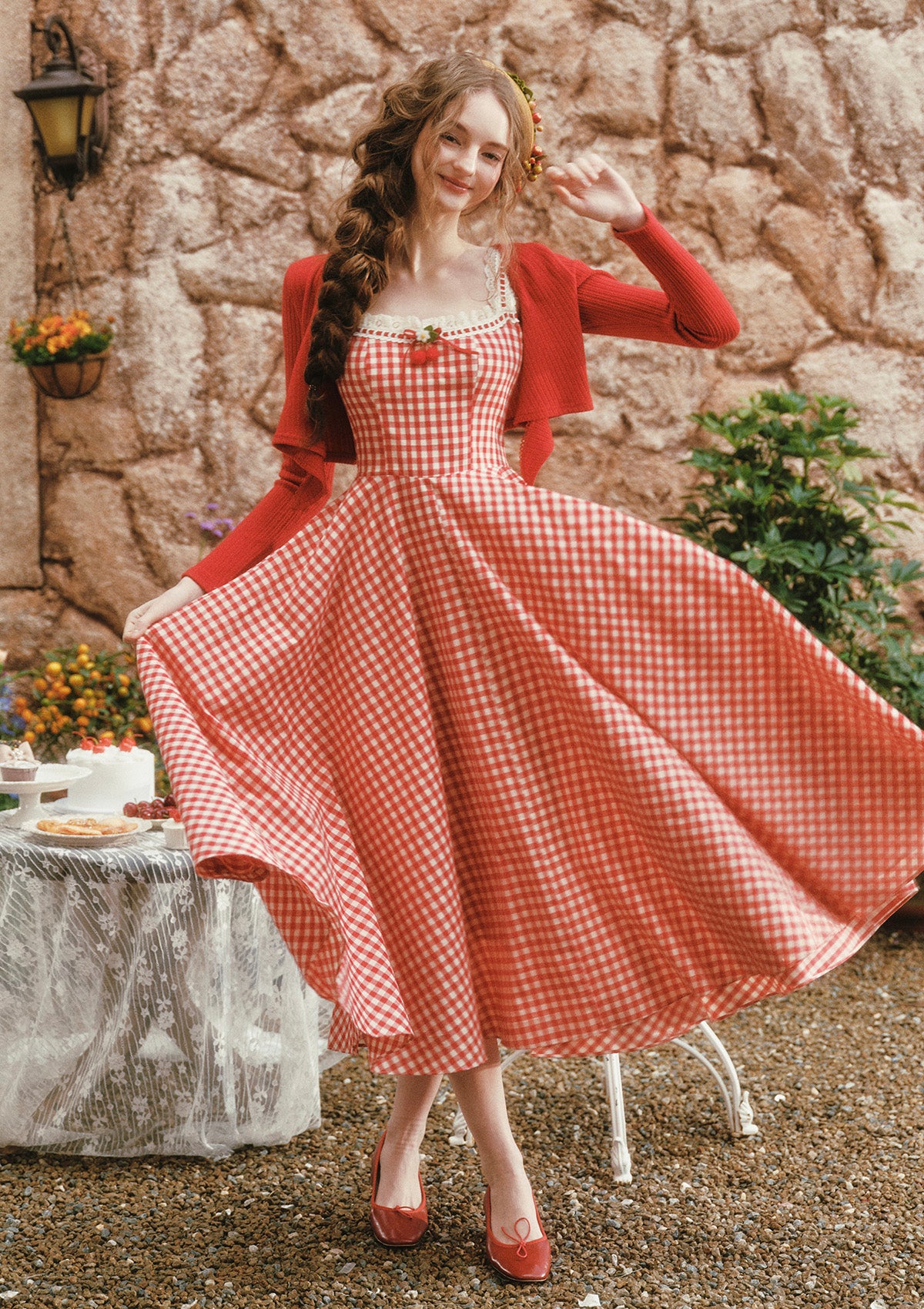 Lacemade "Afternoon Berry Tea Dress" - Red and White Gingham Midi Dress
