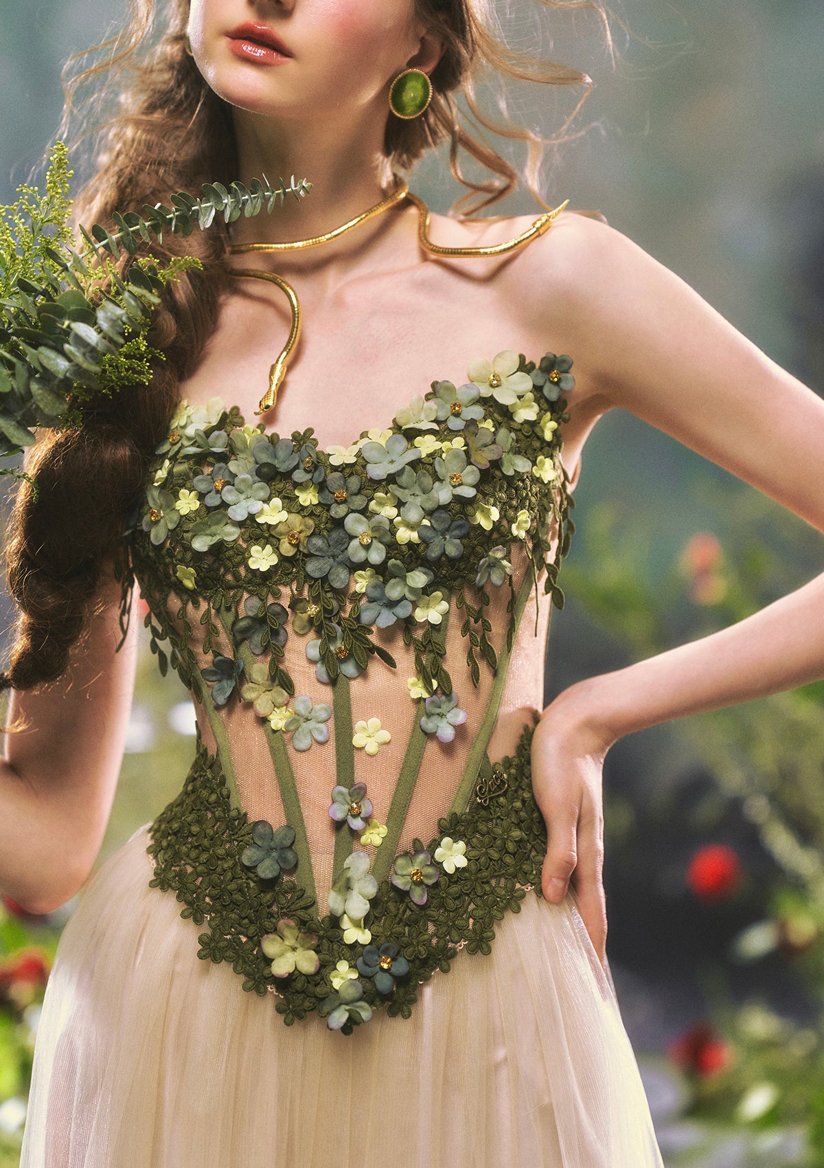 Lacemade "Eucalyptus Fairy" Forest Green Metal Boned Overbust Corset