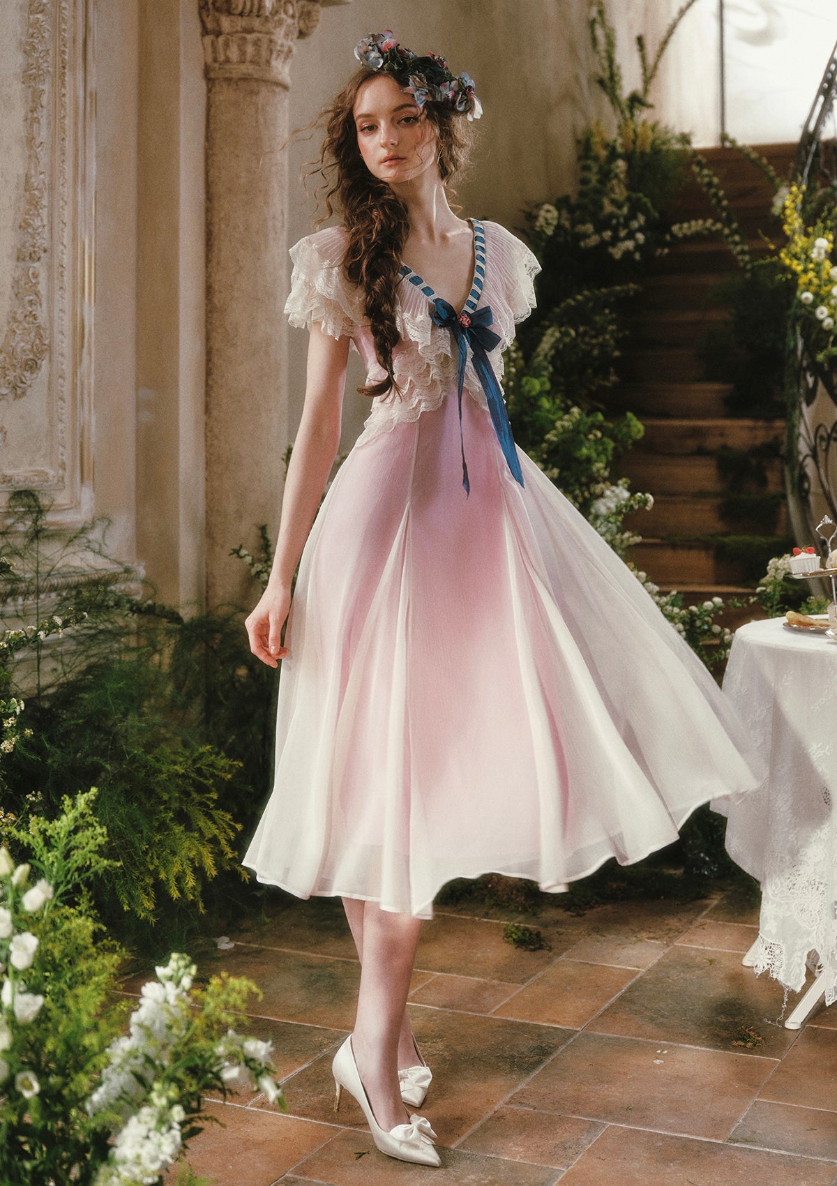 white lace top pink bottom dress Pink And White