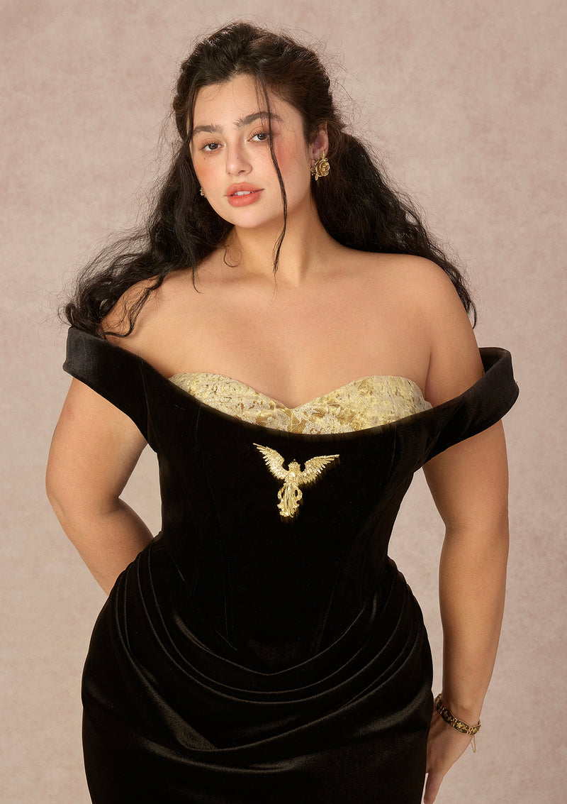 black silk corset dress Curve&Plus Golden Eagle Goddess Dress
