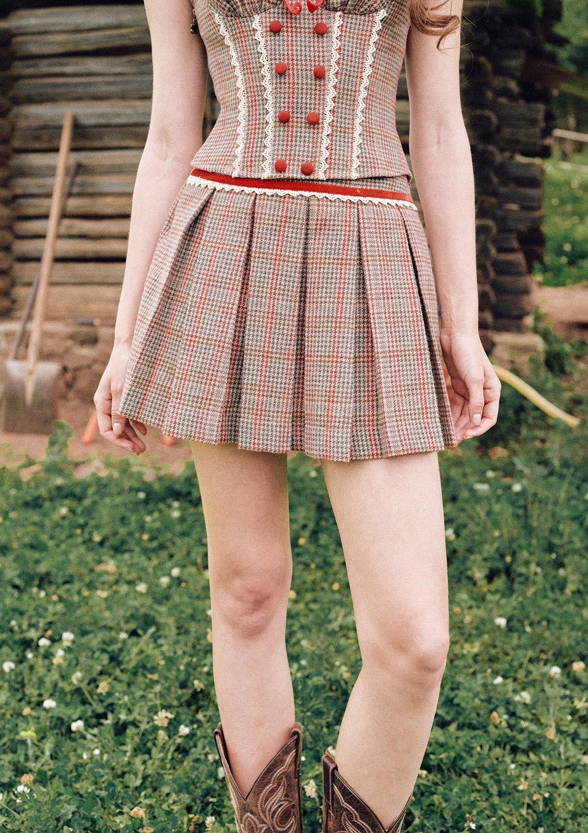 Lacemade "St. Paul Crimson Berry" Houndstooth Mini Skirt