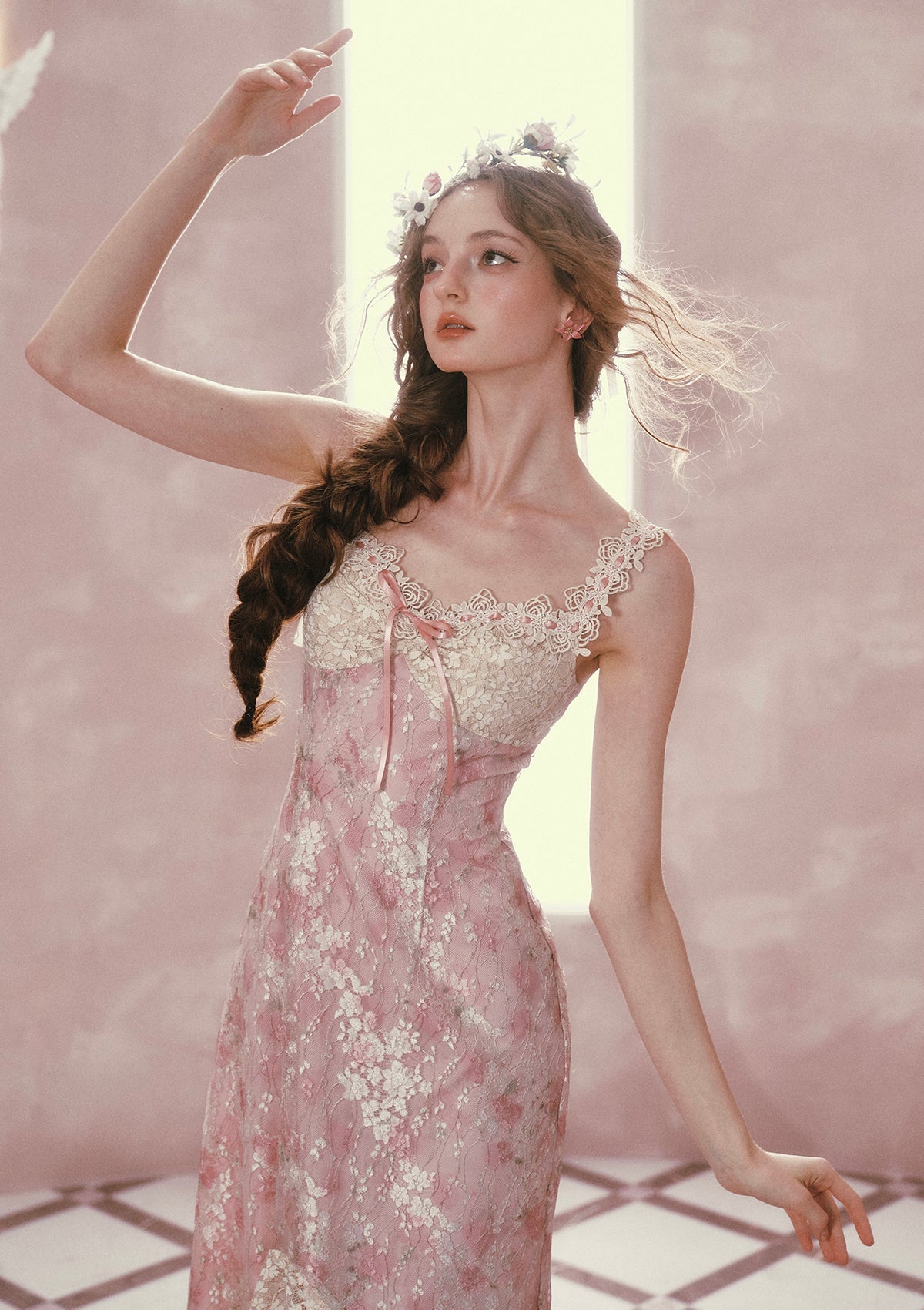 "Floral Vine Fairy Shoes" ethereal blush pink midi dress for tea parties