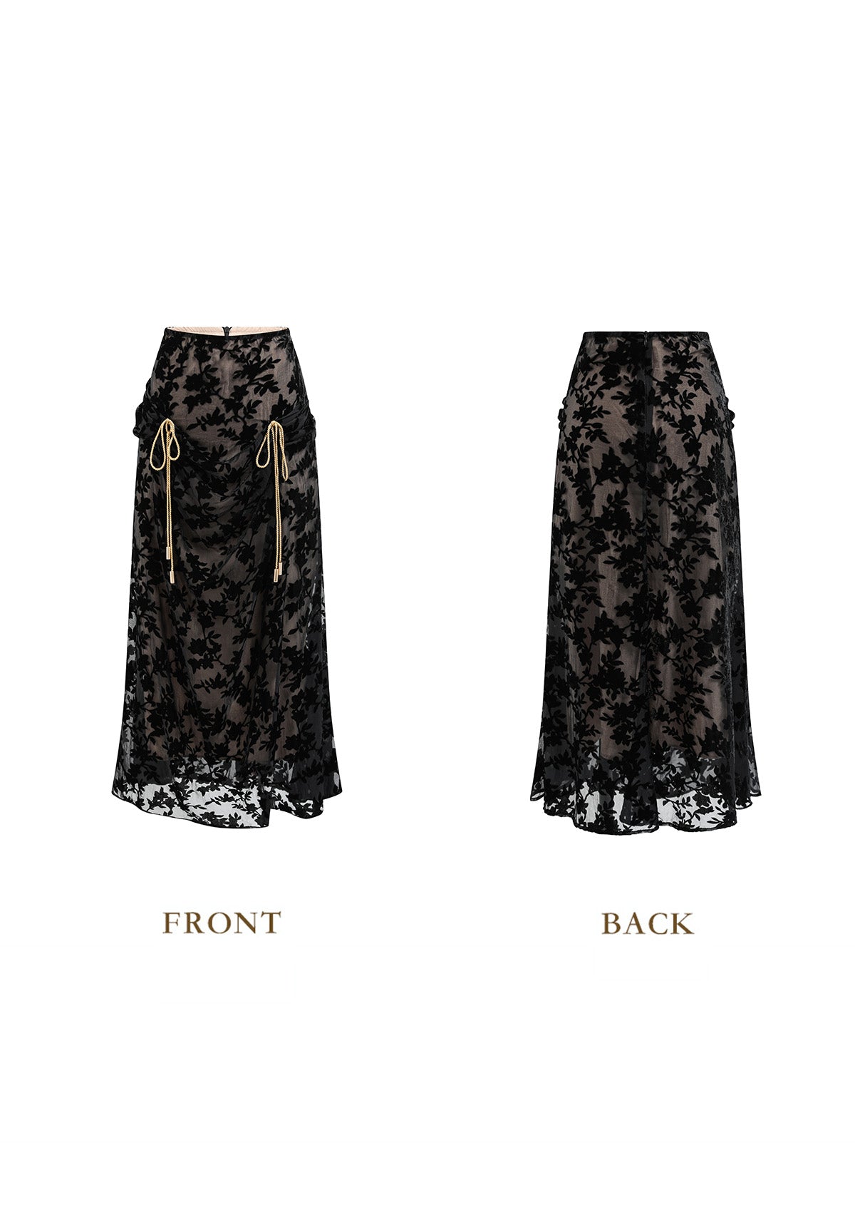 Front and back view of Black Gold Cocoa floral velvet flared skirt