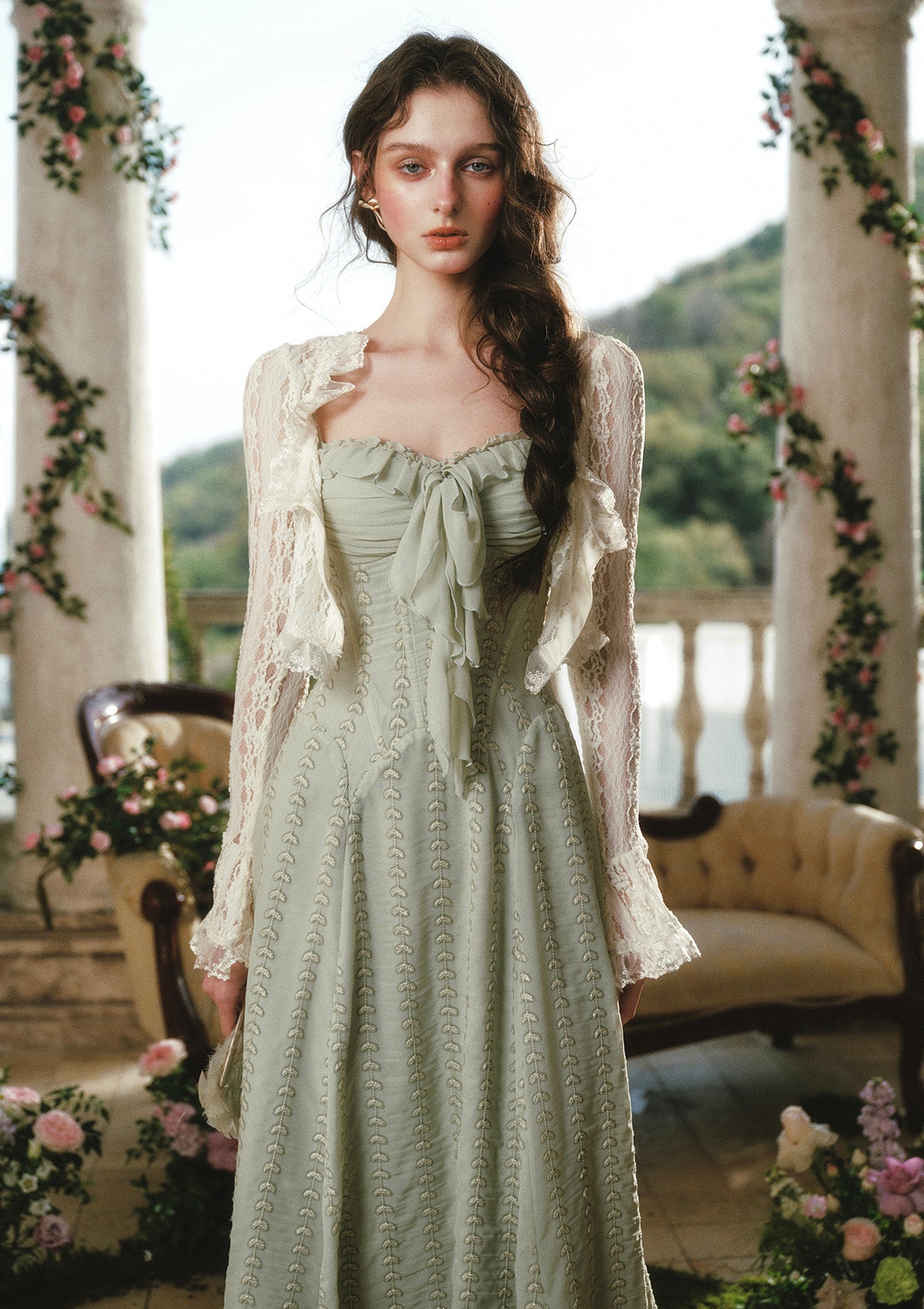 green dress with white lace Bunai MELLOW GREEN WHITE LACE DRESS